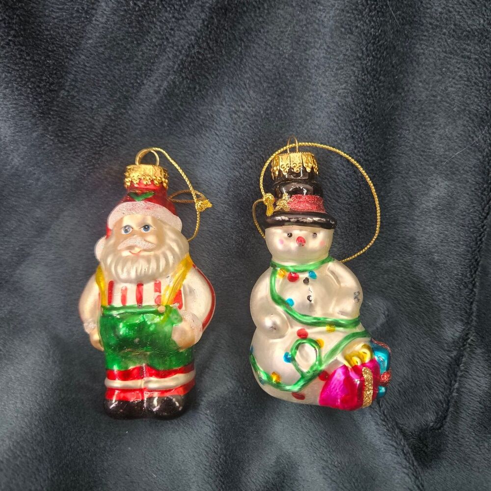 Vintage G. D. Blown Glass Santa & Snowman Christmas Tree Ornaments Set of 2